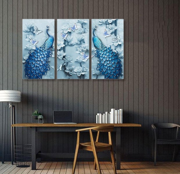 ON SALE FREE SHIPPING - 3 Piece Canvas Art Print - Peacocks Carousel 2
