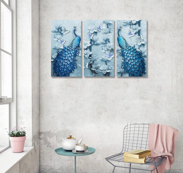 ON SALE FREE SHIPPING - 3 Piece Canvas Art Print - Peacocks Carousel 4