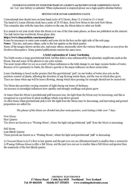 NZ Plant by the Moon Clock 205mm.Unique to NZ.30 day Quartz movement. Carousel 3