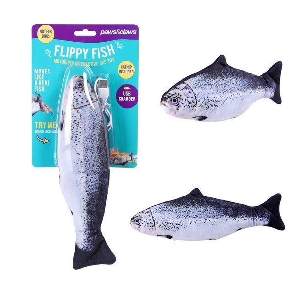 Paws & Claws Flippy Fish 30cm Cat Pets Interactive Toy w USB Cable Catnip Pouch Carousel 4