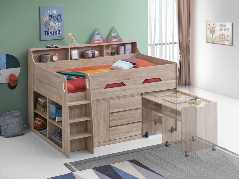 Kansas King Single Cabin Bed - Desk, Drawers, Shelving - Sonoma Oak Carousel 2