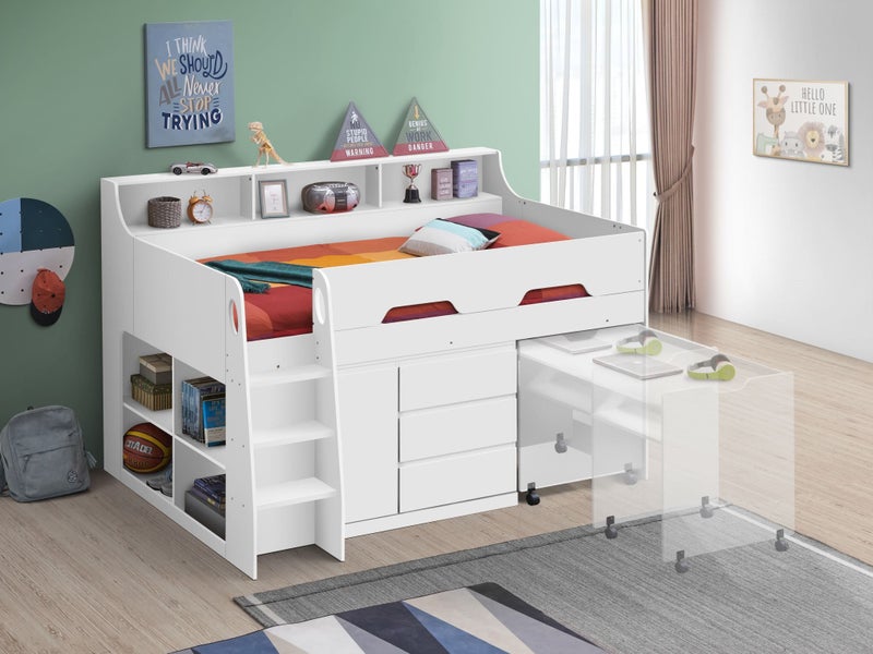 Kansas King Single Cabin Bed - Desk, Drawers, Shelving - Full White Carousel 2