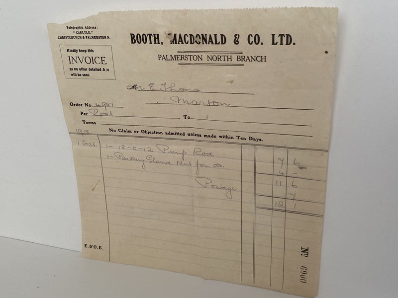 ANTIQUE INVOICE / RECEIPT: Booth, McDonald & Co. Ltd, Palmerston North 1918 Carousel 2