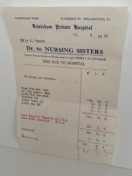 OLD INVOICE / RECEIPT: Lewisham Private Hospital, Wellington 1949 (73 yo) Carousel 2