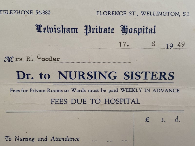 OLD INVOICE / RECEIPT: Lewisham Private Hospital, Wellington 1949 (73 yo) Carousel 1