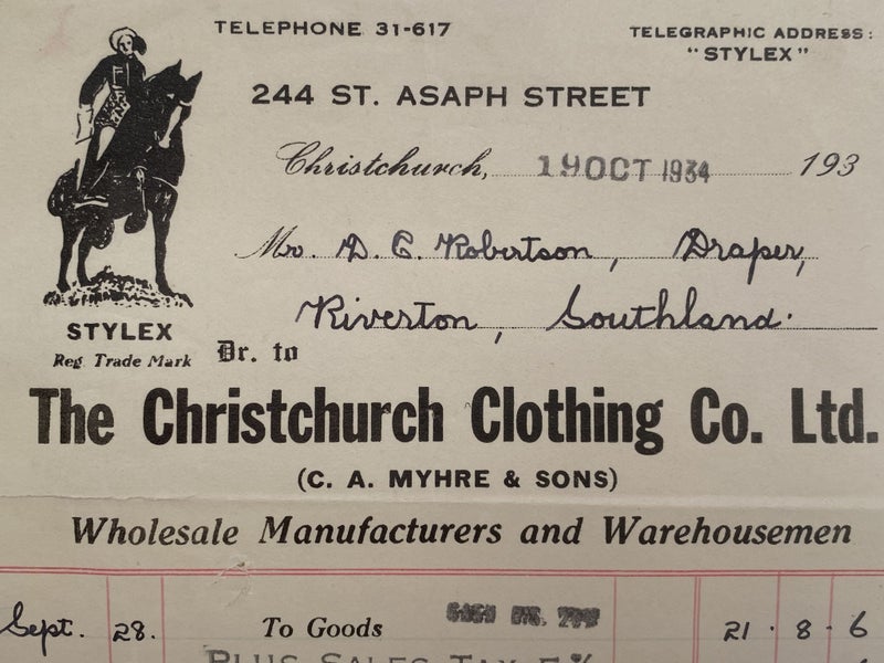 OLD INVOICE / RECEIPT: The Christchurch Clothing Co. Ltd 1934 (88yo) Carousel 1