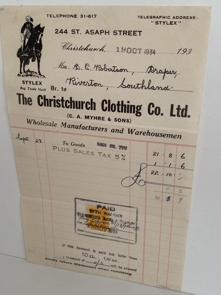 OLD INVOICE / RECEIPT: The Christchurch Clothing Co. Ltd 1934 (88yo) Carousel 2