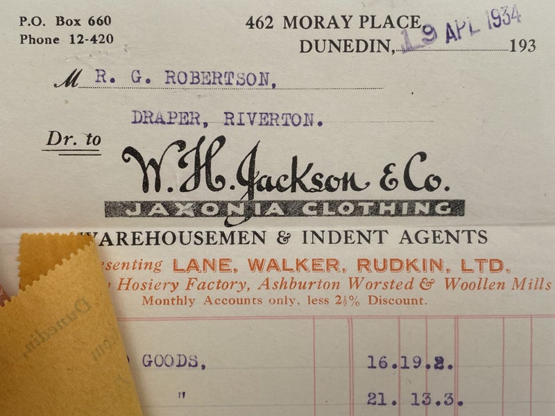 OLD INVOICE / RECEIPT: W. H. Jackson & Co. - Jaxonia Clothing 1934 (88yo) Carousel 1
