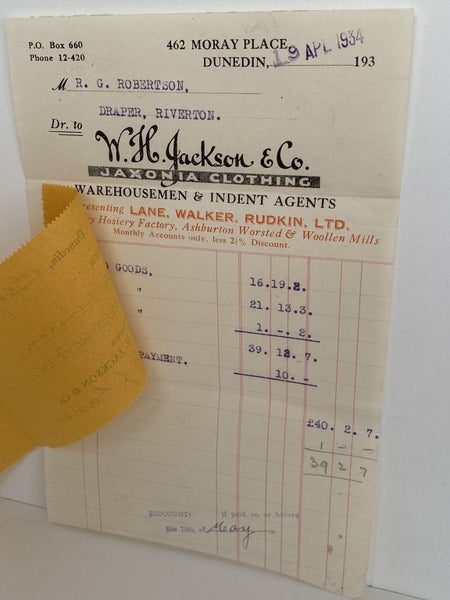 OLD INVOICE / RECEIPT: W. H. Jackson & Co. - Jaxonia Clothing 1934 (88yo) Carousel 2