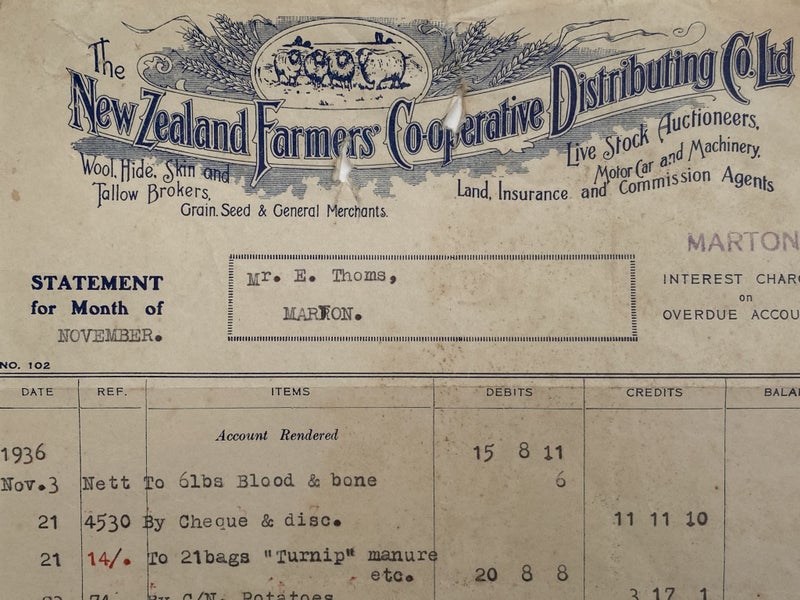 OLD INVOICE: The NZ Farmers Co-operative Distributing Co. Ltd. 1936 Carousel 1