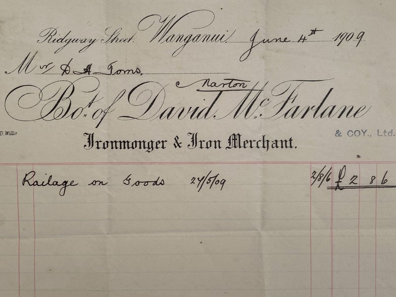 ANTIQUE INVOICE / RECEIPT: David McFarlane, Wanganui - Ironmonger 1909 (113 yo) Carousel 1