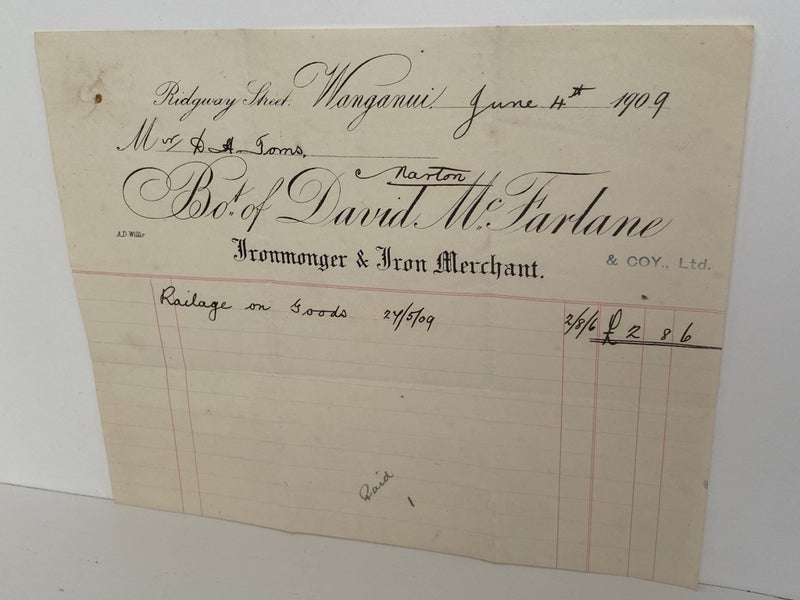 ANTIQUE INVOICE / RECEIPT: David McFarlane, Wanganui - Ironmonger 1909 (113 yo) Carousel 2