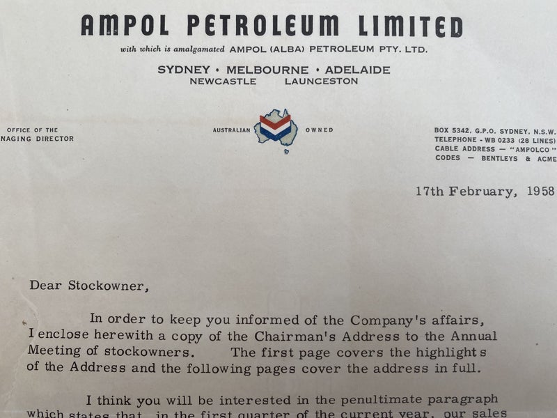 OLD LETTERHEAD: Ampol Petroleum Limited 1958 Carousel 1