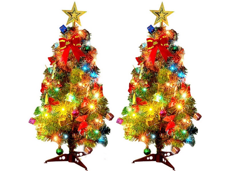 2X 30cm Tabletop Mini Artificial Christmas Tree Ornament with Lights Xmas Decor Carousel 1