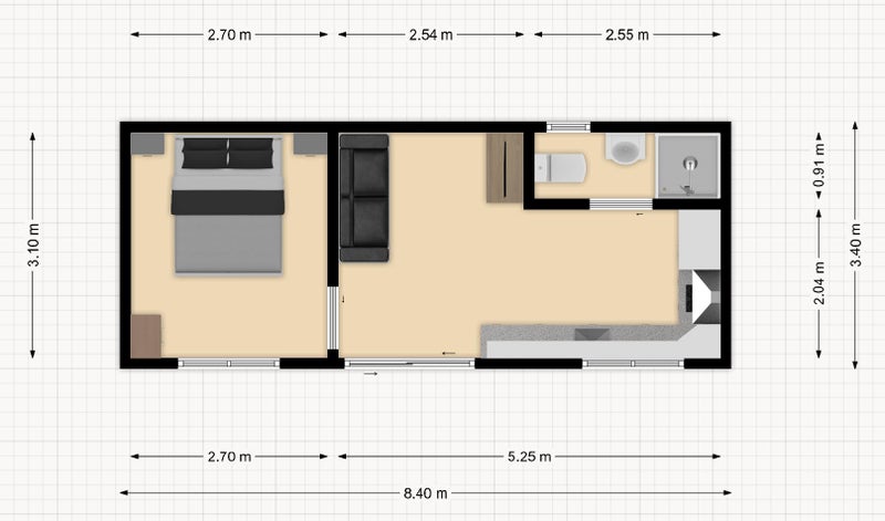 8.4 x 3 Portable building / Sleepout with Kitchen and Bathroom Carousel 12