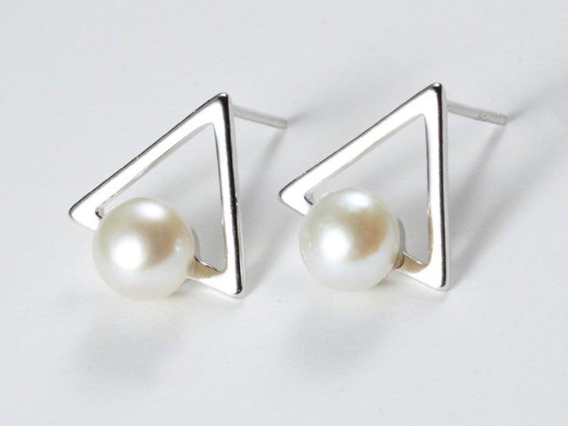 Stud Pearl White Gold Plated Geometric Design Earrings Carousel 1