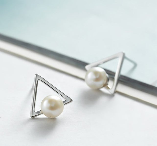 Stud Pearl White Gold Plated Geometric Design Earrings Carousel 2