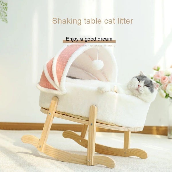 Wooden Boucle Bassinet Cat Cradle Cat Bed Soft Comfortable Princess Pink Carousel 2