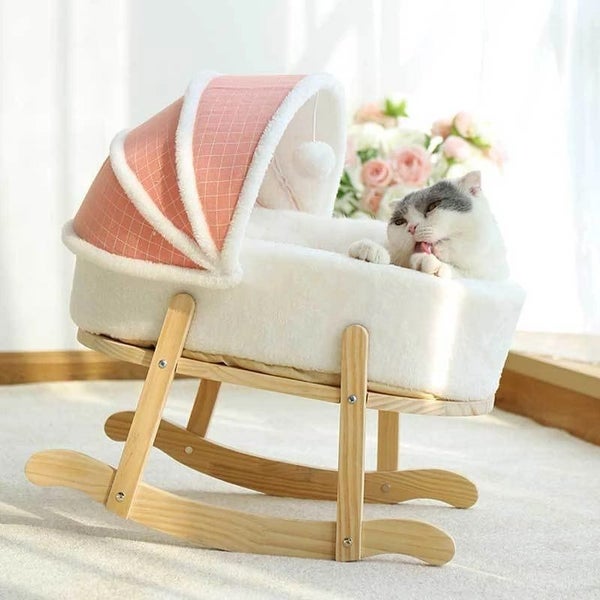 Wooden Boucle Bassinet Cat Cradle Cat Bed Soft Comfortable Princess Pink Carousel 1