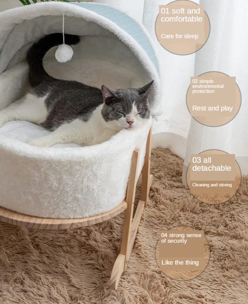 Wooden Boucle Bassinet Cat Cradle Cat Bed Soft Comfortable Princess Pink Carousel 9