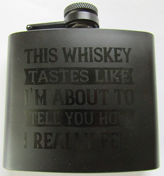 5oz Hip Flask in matt black with hinged lid, 'This Whiskey tastes like..' design Carousel 2