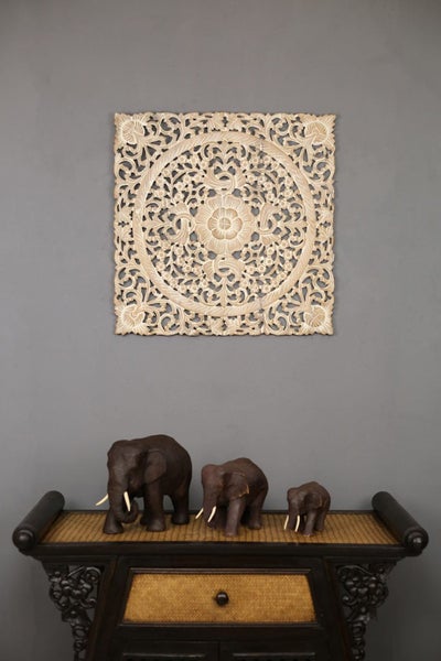 60cm x 60cm 3D Flower Teak Wooden Carving White Wash Carousel 1