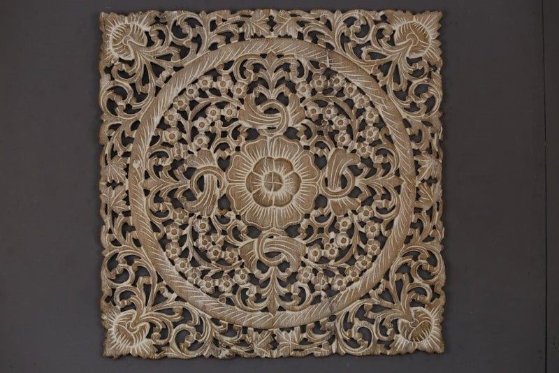 60cm x 60cm 3D Flower Teak Wooden Carving White Wash Carousel 2
