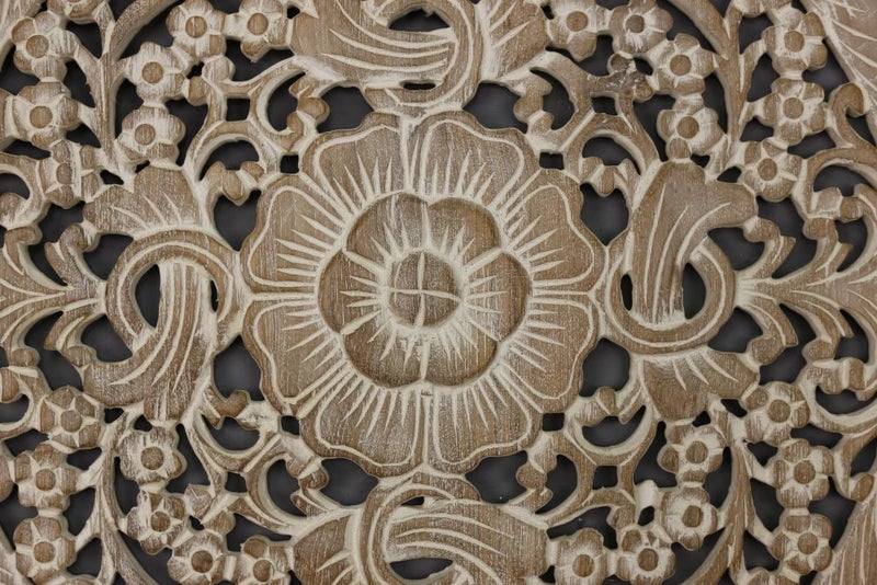 60cm x 60cm 3D Flower Teak Wooden Carving White Wash Carousel 3