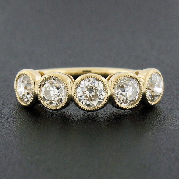 NEW 18k Gold 1.94ctw Milgrain Bezel European Diamond 5 Stone Wedding Band Ring Carousel 1