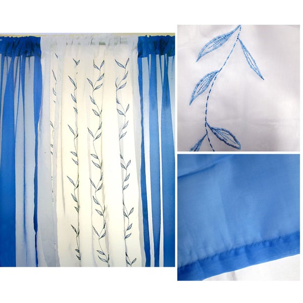3 Piece Embroidered Voile Rod Pocket Curtain Set Blue Carousel 1