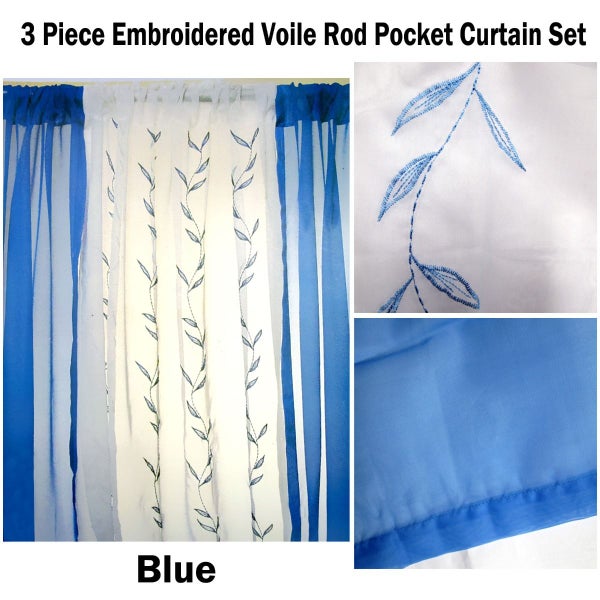 3 Piece Embroidered Voile Rod Pocket Curtain Set Blue Carousel 2