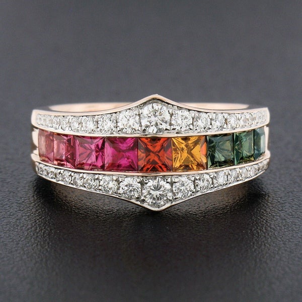 18k Rose Gold 1.88ct Channel Square Faceted Cut Rainbow Sapphire w/ Diamond Ring Carousel 1