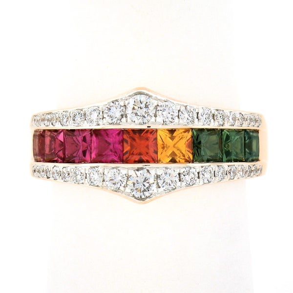 18k Rose Gold 1.88ct Channel Square Faceted Cut Rainbow Sapphire w/ Diamond Ring Carousel 2
