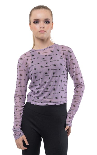 Beetlejuice Mesh Top Beetle Print Cropped Christmas Girls Womens Purple Carousel 1