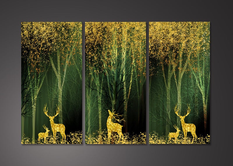 ON SALE FREE SHIPPING - 3 Piece Canvas Art Print - Golden Forest Carousel 1