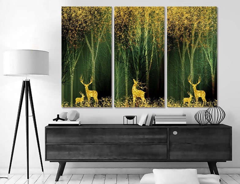 ON SALE FREE SHIPPING - 3 Piece Canvas Art Print - Golden Forest Carousel 2