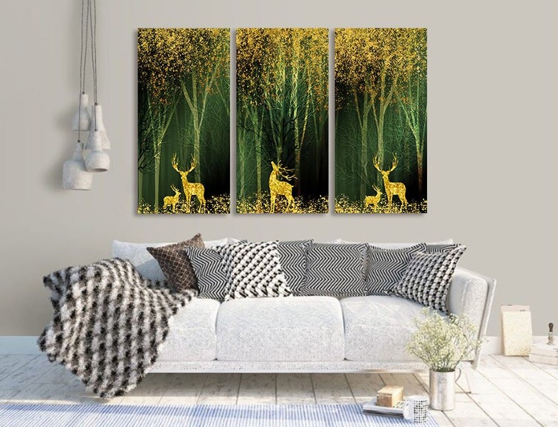 ON SALE FREE SHIPPING - 3 Piece Canvas Art Print - Golden Forest Carousel 4