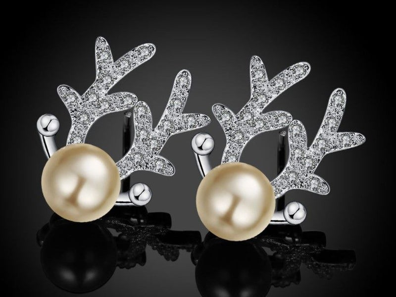 Studs Deer Design Sterling Silver Plating Round Pearls Studs Earrings Carousel 1