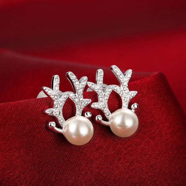 Studs Deer Design Sterling Silver Plating Round Pearls Studs Earrings Carousel 2