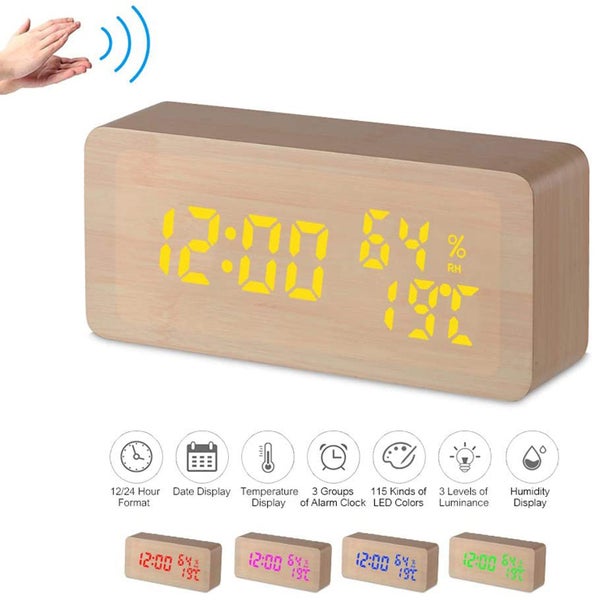 TODO LED Digital Alarm Clock Woodgrain Temperature Humidity USB Power - Beige Carousel 2