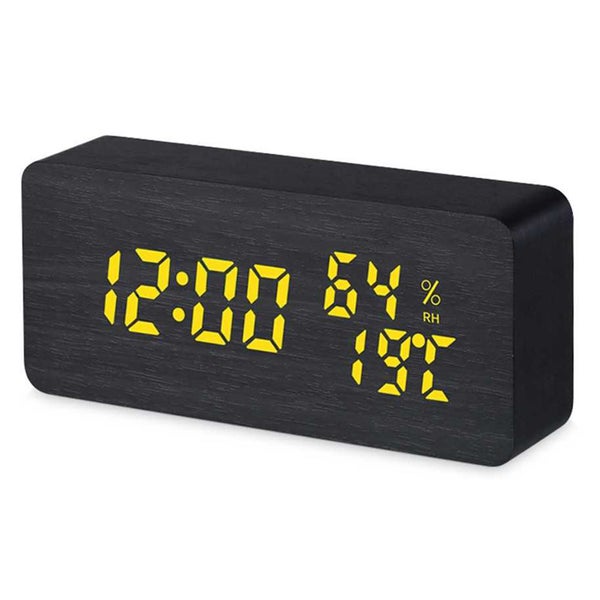 TODO LED Digital Alarm Clock Woodgrain Temperature Humidity USB Power - Black Carousel 1