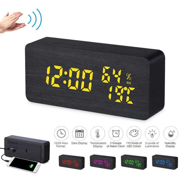 TODO LED Digital Alarm Clock Woodgrain Temperature Humidity USB Power - Black Carousel 2