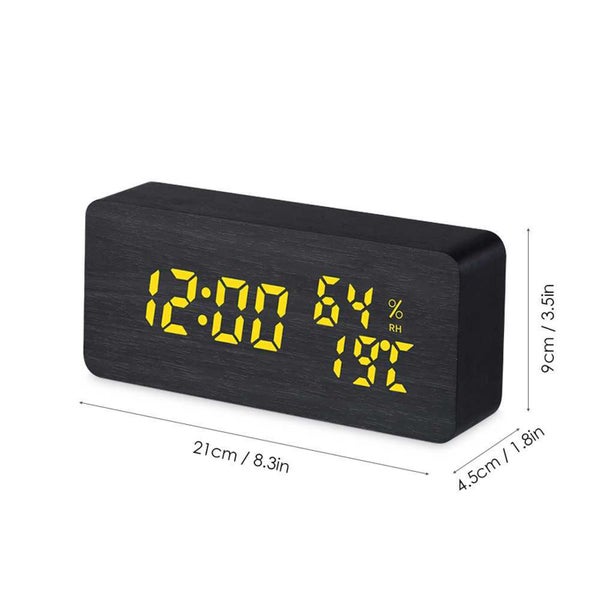 TODO LED Digital Alarm Clock Woodgrain Temperature Humidity USB Power - Black Carousel 5