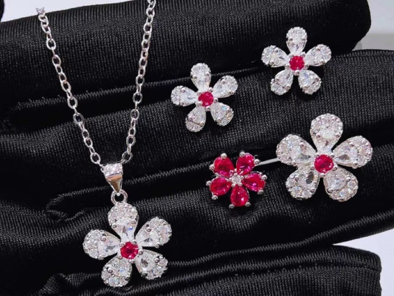 Flower CZ Necklace, Earrings, Ring Set 18KGP White Gold Carousel 1