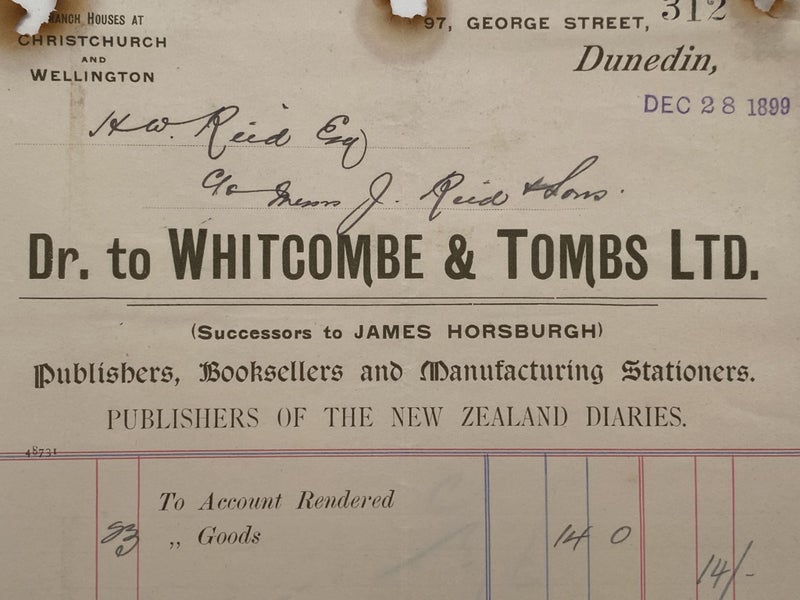 ANTIQUE INVOICE / RECEIPT: Whitcombe & Tombs Ltd, Dunedin 1899 (123 yo) Carousel 1