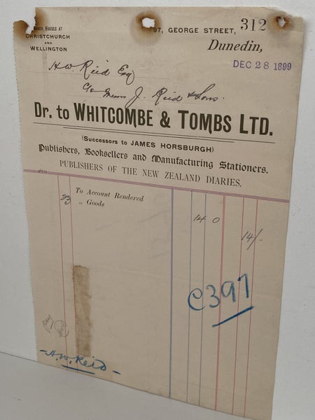 ANTIQUE INVOICE / RECEIPT: Whitcombe & Tombs Ltd, Dunedin 1899 (123 yo) Carousel 2