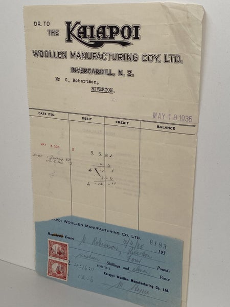 OLD INVOICE / RECEIPT: Kaiapoi Woollen Manufacturing Co. 1935 (87 yo) Carousel 2