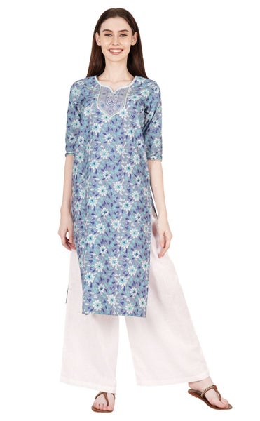 Phagun Women’s Printed Straight Cotton Kurti Elbow Sleeve Indian Kurta Ethnic Carousel 1