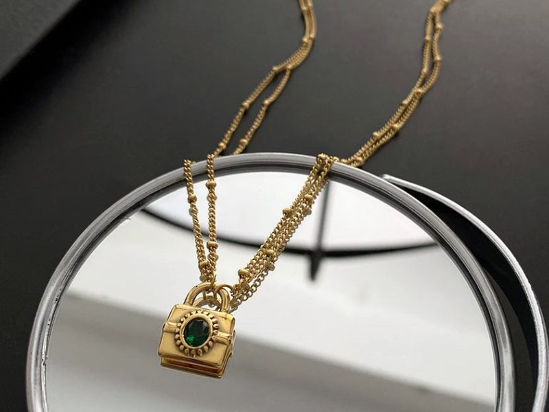 Necklace Double Layer Emerald Stainless Steel Lock Pendant Yellow Gold Plated Carousel 1