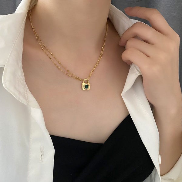 Necklace Double Layer Emerald Stainless Steel Lock Pendant Yellow Gold Plated Carousel 2